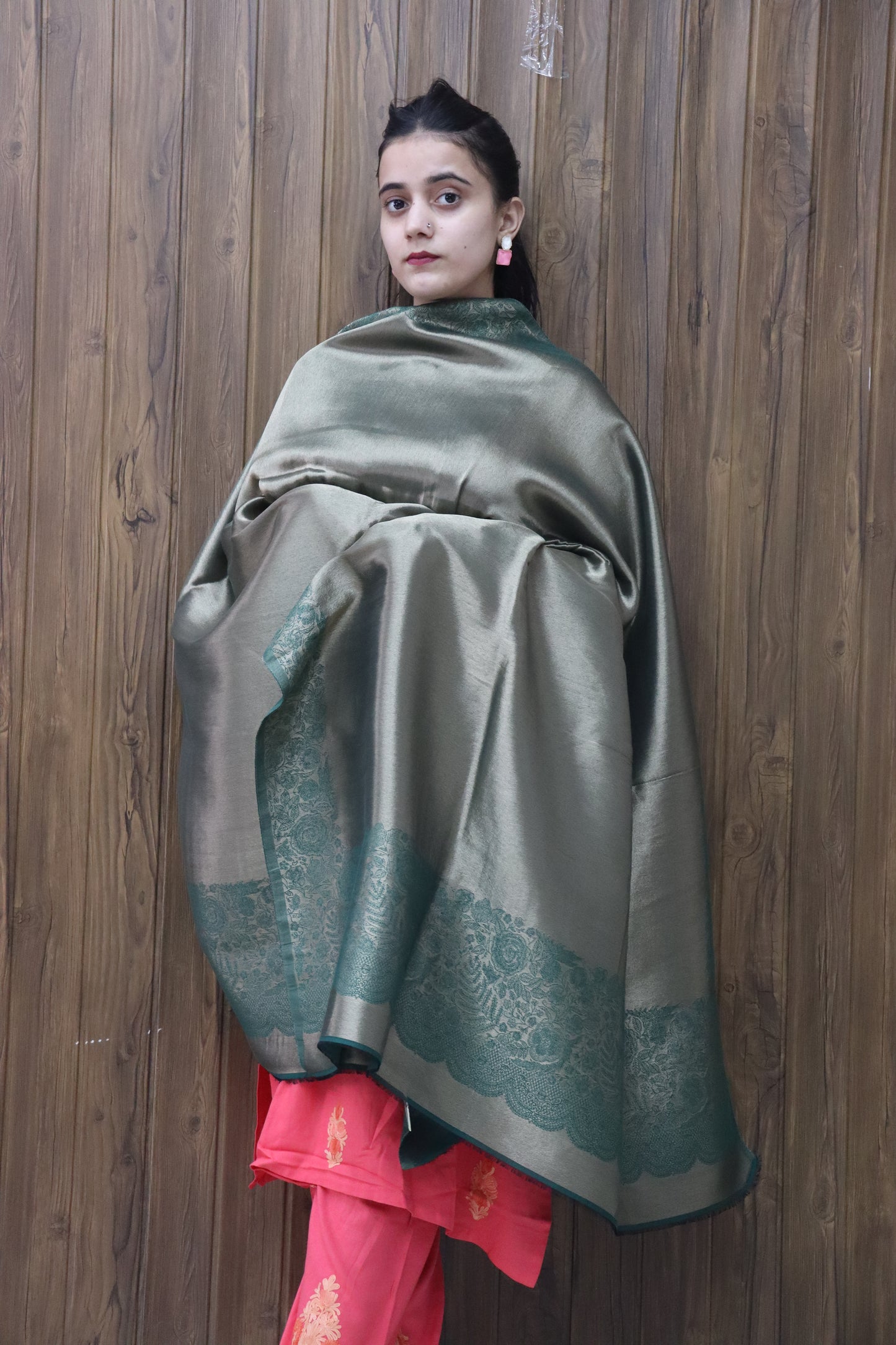 Kashmiri Traditional greenish Double Sided Pashmina Silk Fabric (shawl)