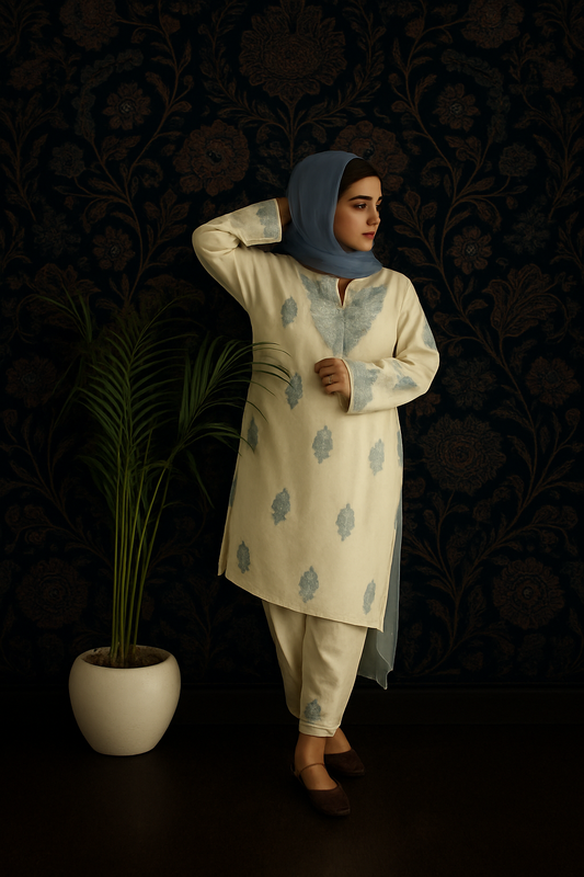 Kashmiri Traditional Cotton Fabric With Handicraft Aari Work (Suit)