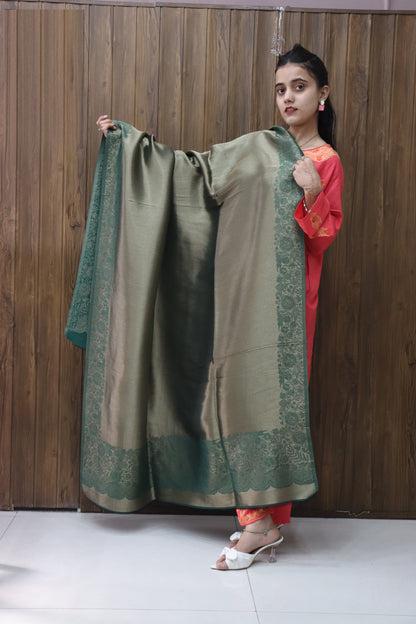 Kashmiri Traditional greenish Double Sided Pashmina Silk Fabric  (shawl)