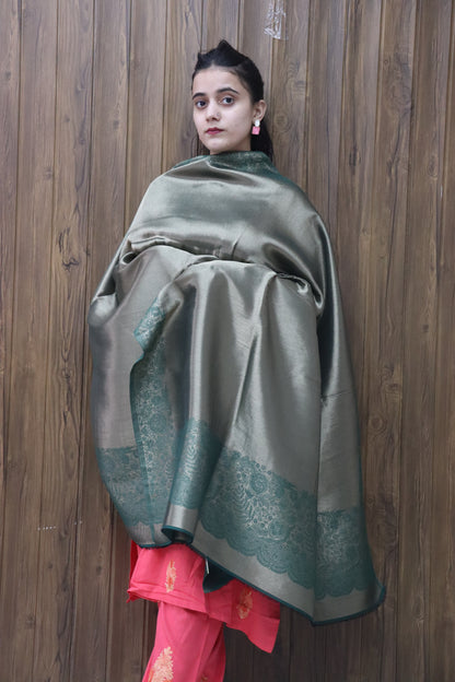 Kashmiri Traditional greenish Double Sided Pashmina Silk Fabric  (shawl)