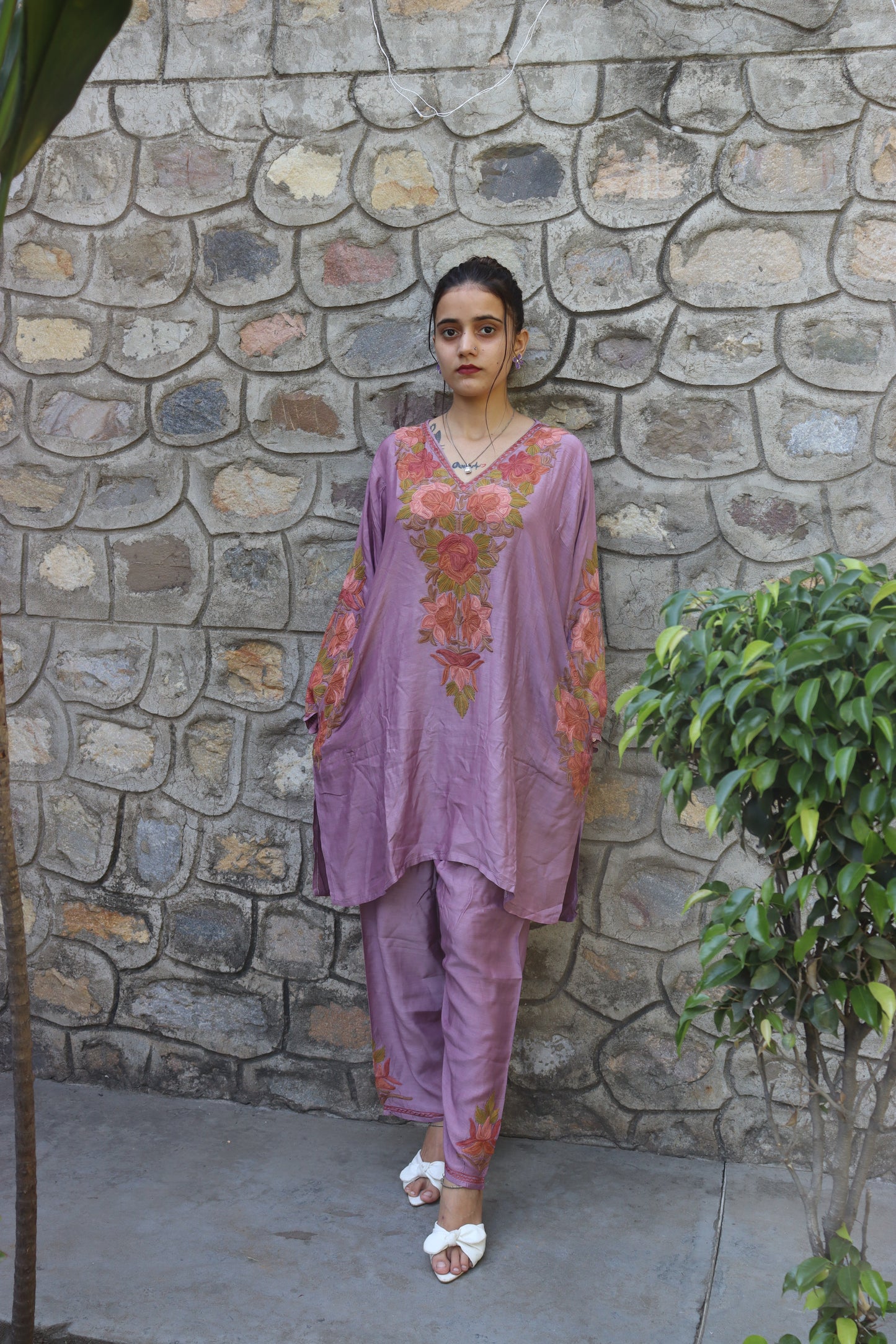 Kashmiri Traditional Silk Fabric With Handicraft Aari Work (Co-ord Set)s