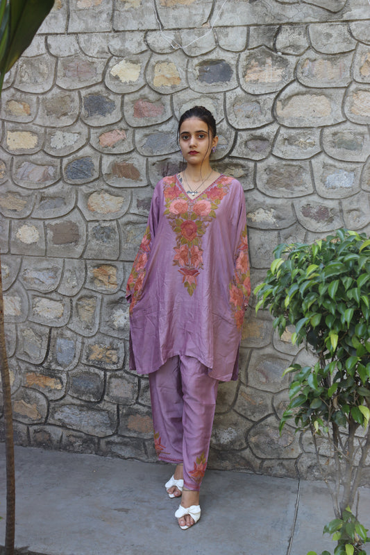 Kashmiri Traditional Silk Fabric With Handicraft Aari Work (Co-ord Set)s