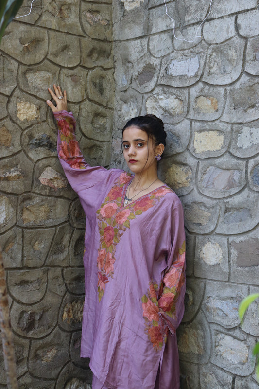 Kashmiri Traditional Silk Fabric With Handicraft Aari Work (Co-ord Set)s