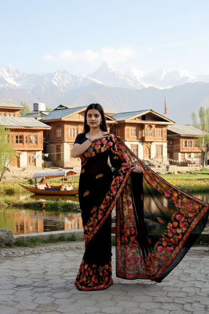 Kashmiri Traditional Chiffon Fabric With Handicraft Aari Work (Saree)s