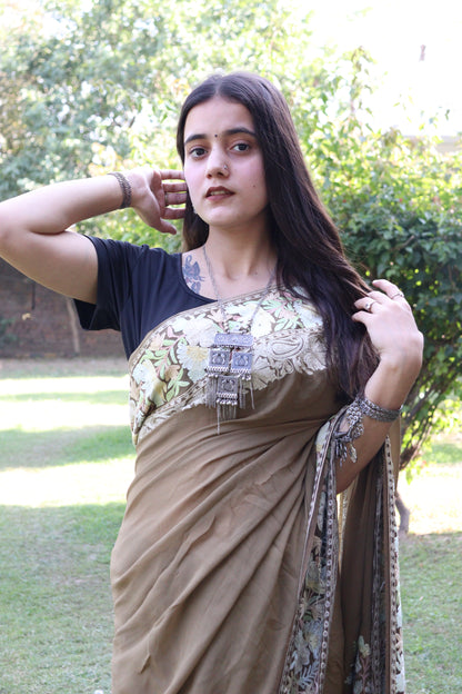 Kashmiri Traditional Double Shaded Chiffon Fabric With Handicraft Aari Work (Saree)s