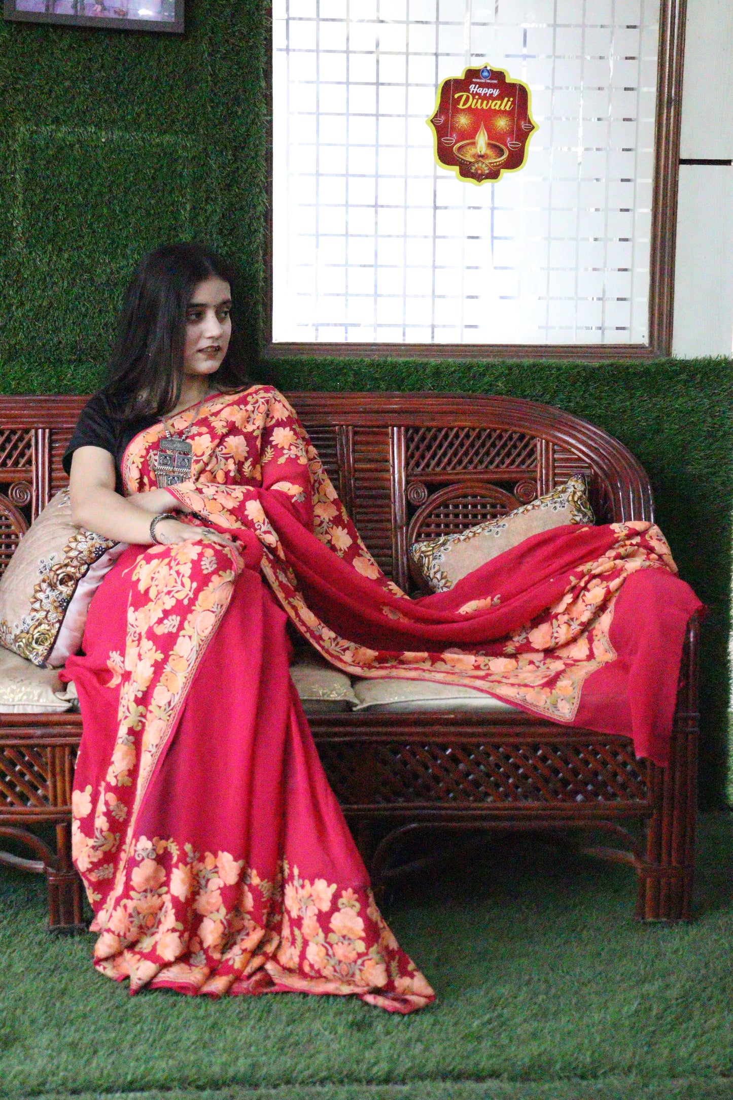 Kashmiri Traditional Chiffon Fabric With Handicraft Aari Work (Saree)s